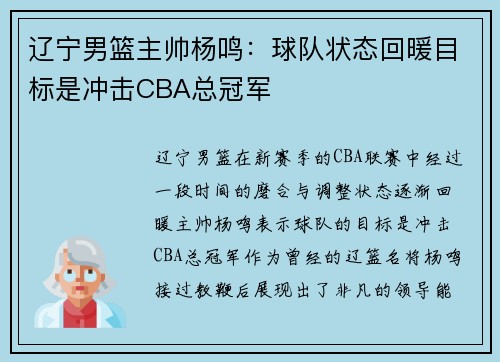 辽宁男篮主帅杨鸣：球队状态回暖目标是冲击CBA总冠军