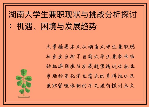 湖南大学生兼职现状与挑战分析探讨：机遇、困境与发展趋势