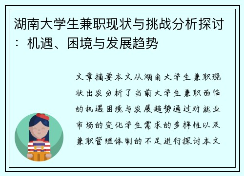 湖南大学生兼职现状与挑战分析探讨：机遇、困境与发展趋势