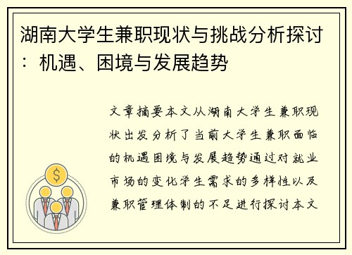 湖南大学生兼职现状与挑战分析探讨：机遇、困境与发展趋势