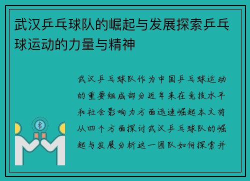 武汉乒乓球队的崛起与发展探索乒乓球运动的力量与精神