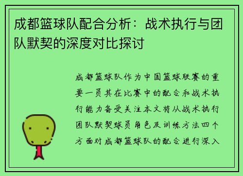 成都篮球队配合分析：战术执行与团队默契的深度对比探讨