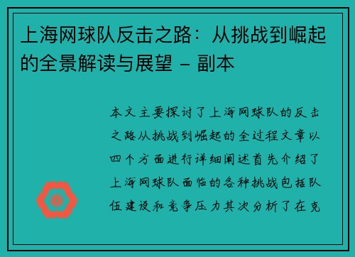 上海网球队反击之路：从挑战到崛起的全景解读与展望 - 副本
