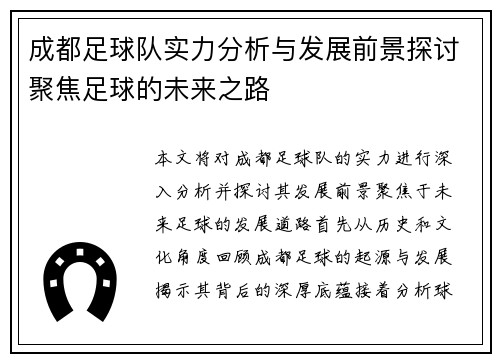 成都足球队实力分析与发展前景探讨聚焦足球的未来之路