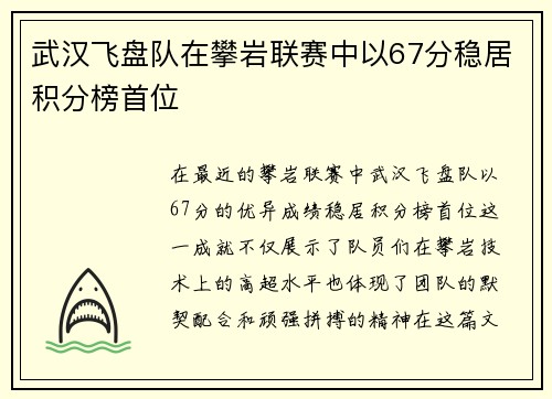 武汉飞盘队在攀岩联赛中以67分稳居积分榜首位