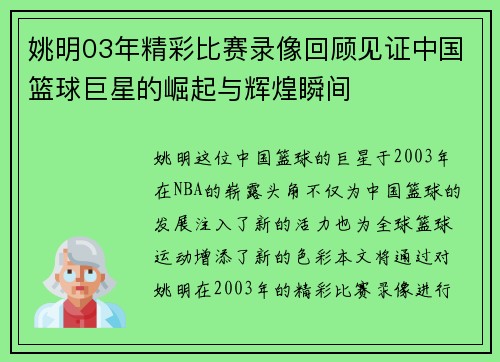 姚明03年精彩比赛录像回顾见证中国篮球巨星的崛起与辉煌瞬间